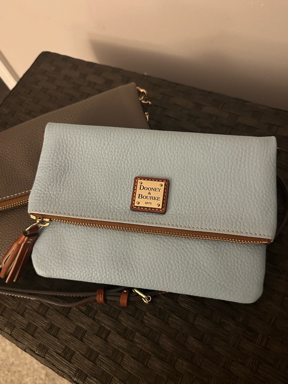 Dooney & Bourke Pebbled Leather Crossbody in light blue with brown trim